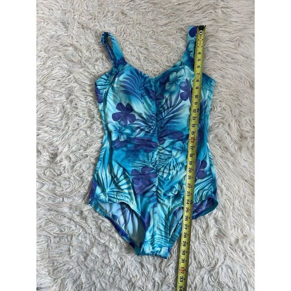 Maxine Womens Vintage Blue Tropical Floral Shirred Front One Piece Swimsuit 16 - Picture 3 of 14